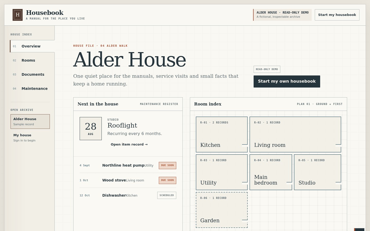 Housebook overview showing the Alder House room index and upcoming maintenance records.