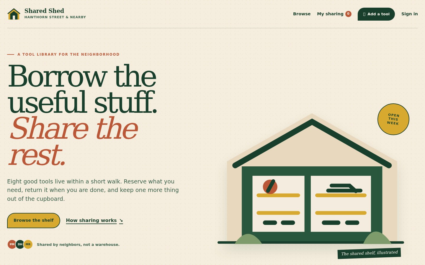 Shared Shed homepage showing its neighbourhood tool library and illustrated green shed.